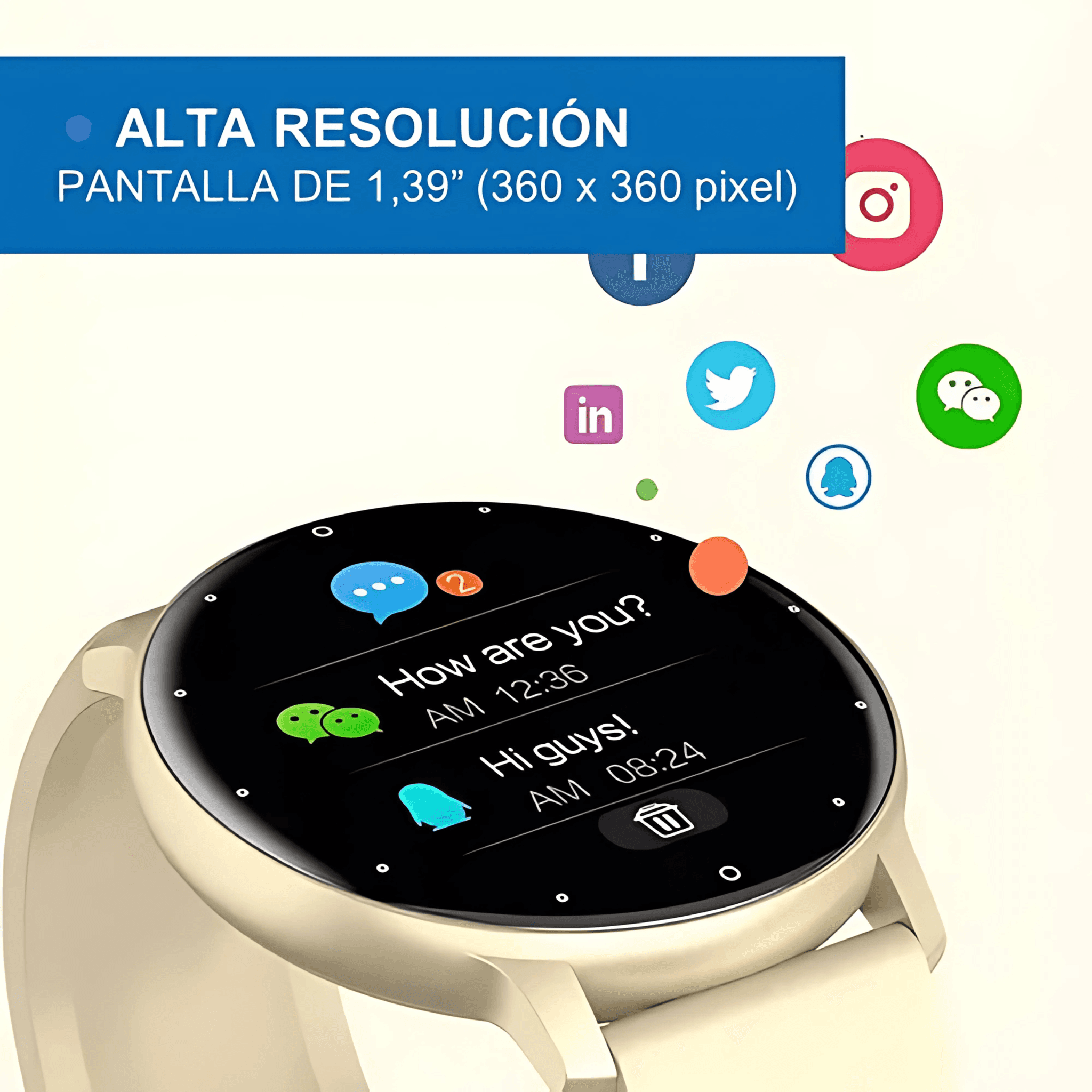 Reloj Smartwatch deportivo con medidor de presion y micrófono color hueso 4